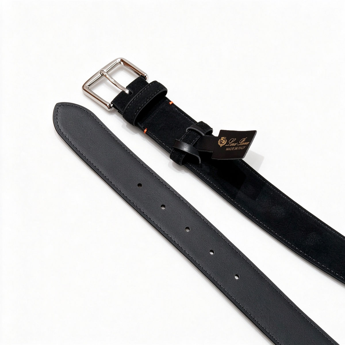 Loro Piana Men's Suede Leather Belt in Black with Silver-Tone Buckle — Italian Crafted Luxury Casual Belt | Premium Designer Fashion Accessories