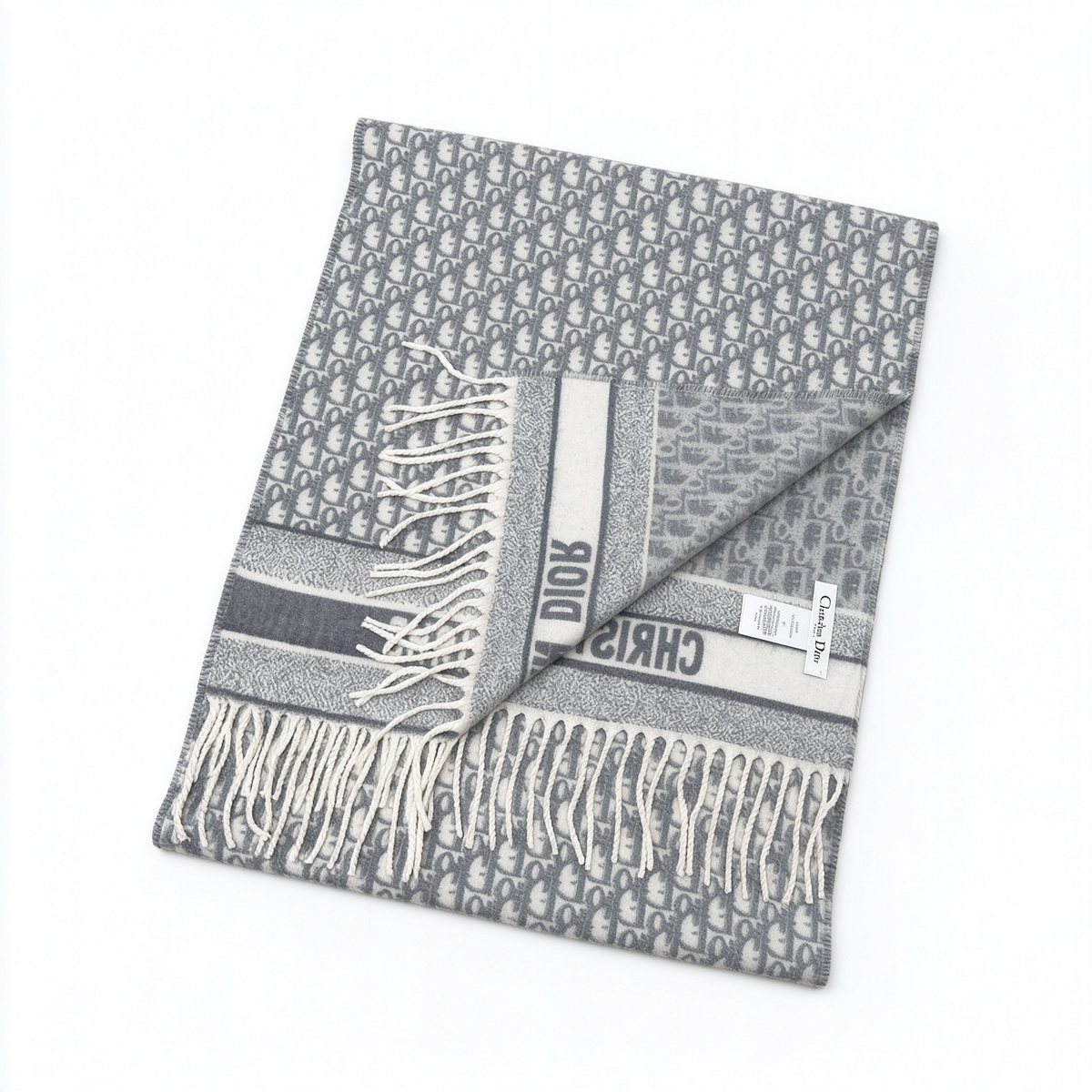 Dior Oblique Jacquard Scarf | Grey & White  Wool Wrap | Embroidered Logo Band & Fringed Stole