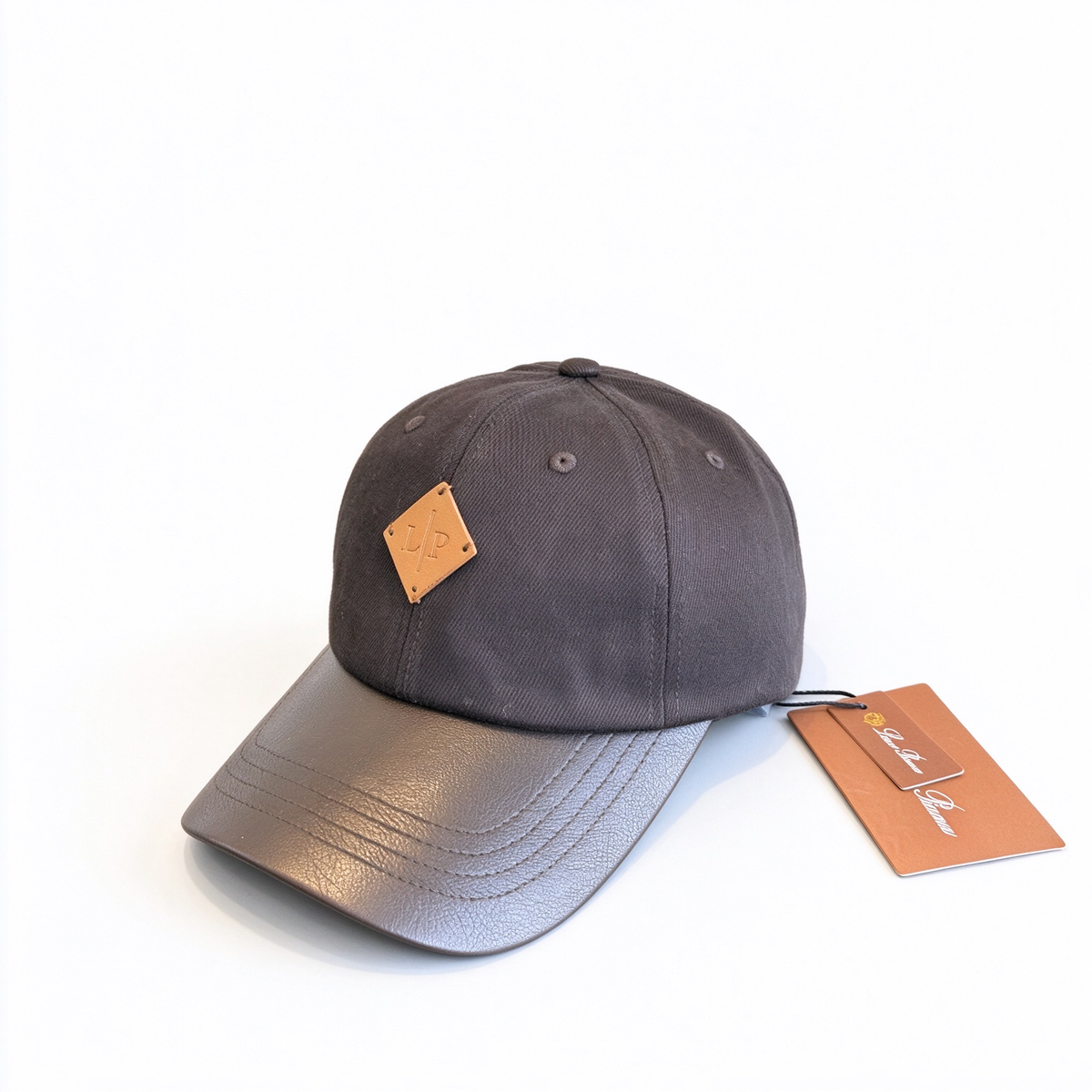 Loro Piana Leather Trim Baseball Cap - Charcoal/Dark Brown Cotton Twill Dad Hat with Tan Leather Brim & Diamond LP Patch, Designer Luxury Cap