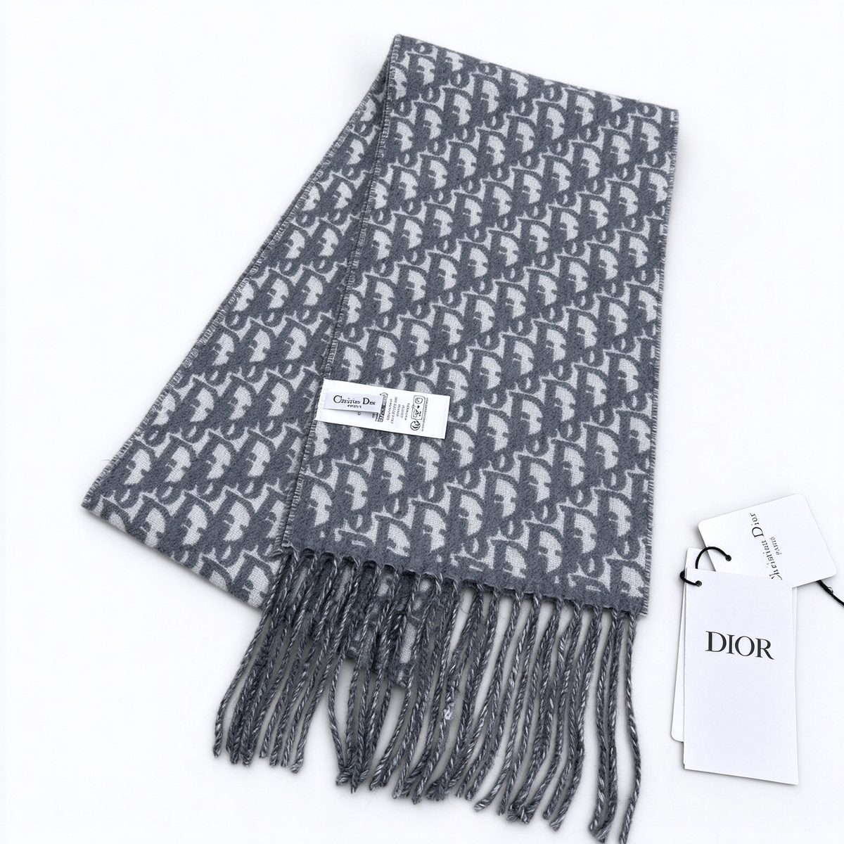 Dior Oblique Jacquard Scarf | Charcoal Grey & Light Grey Wool Wrap | Reversible Fringed Luxury Stole