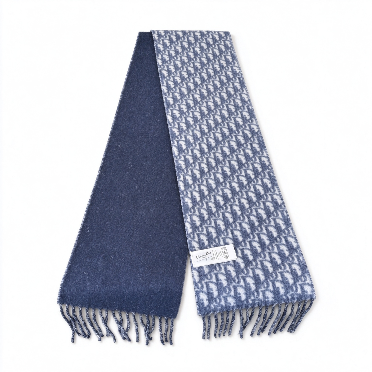 Dior Oblique Scarf in Navy Blue Gradient — Reversible Wool Silk Blend Logo Print Long Shawl with Fringe | Luxury Designer Fashion Accessory