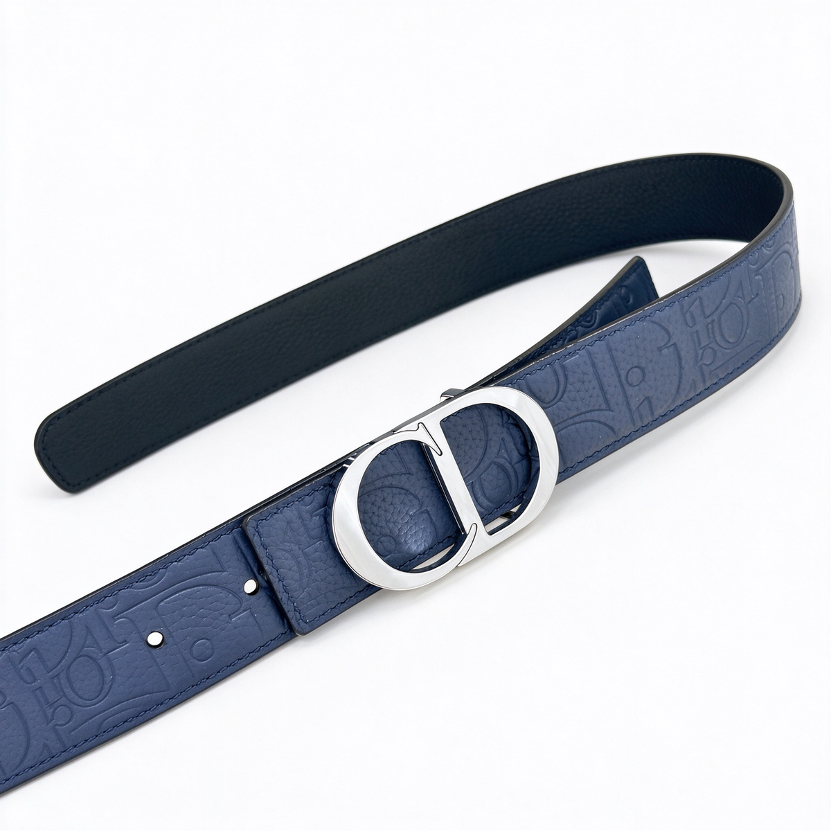 Dior 30 Montaigne Navy Blue Oblique Embossed Leather Belt | Silver CD Buckle — Luxury Designer Wide Waist Belt
