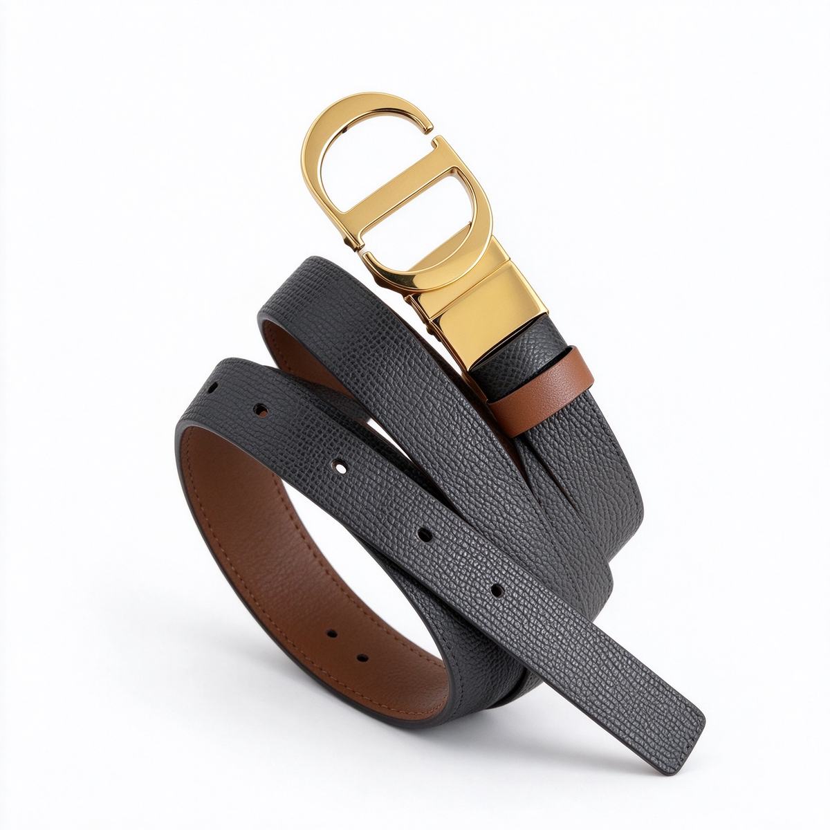 Dior 30 Montaigne Black Grained Leather Belt | Gold CD Buckle & Tan Contrast Lining — Luxury Designer Skinny Waist Belt