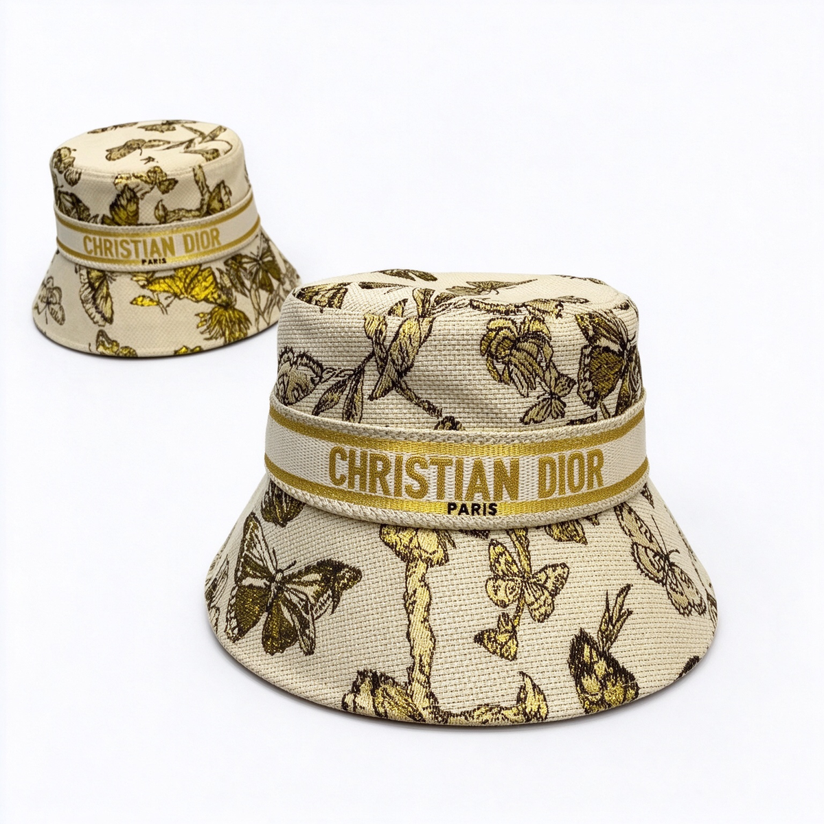 Dior Style Toile Butterfly Jacquard Bucket Hat – Beige & Gold All-Over Print Fisherman Hat with Christian Dior Paris Band, Luxury French Designer Sun Hat for Women,