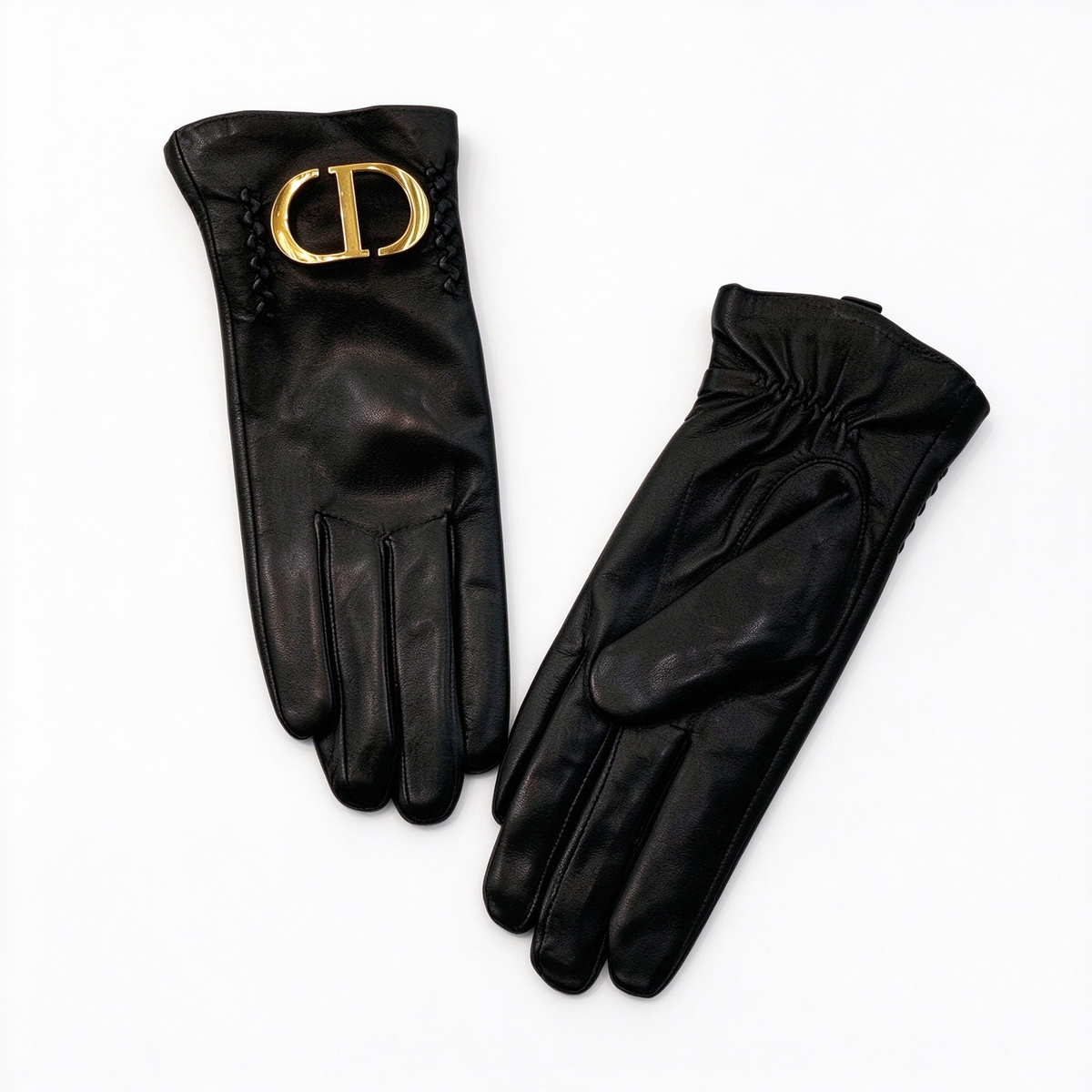 Dior 30 Montaigne Lambskin Gloves | Black Leather with Gold-Tone CD Buckle & Braided Detail