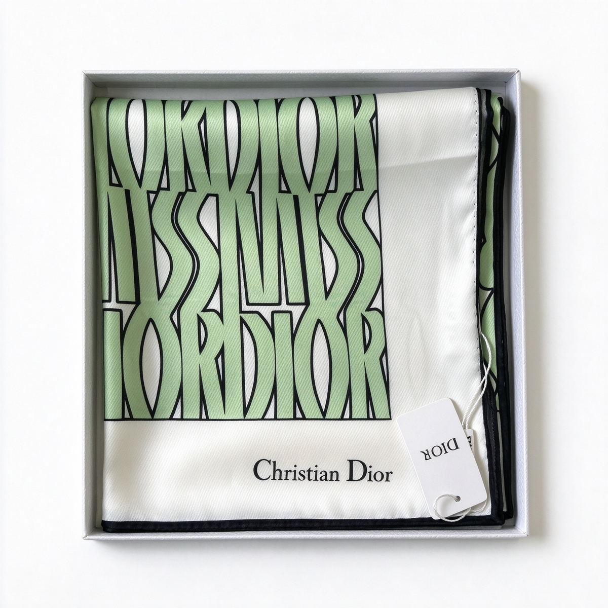Dior Style Miss Dior Silk Square Scarf – Lime Green Monogram Print Carré, Luxury French Designer 100% Silk Headscarf 90×90cm, Vintage-Inspired Neck Wrap for Women