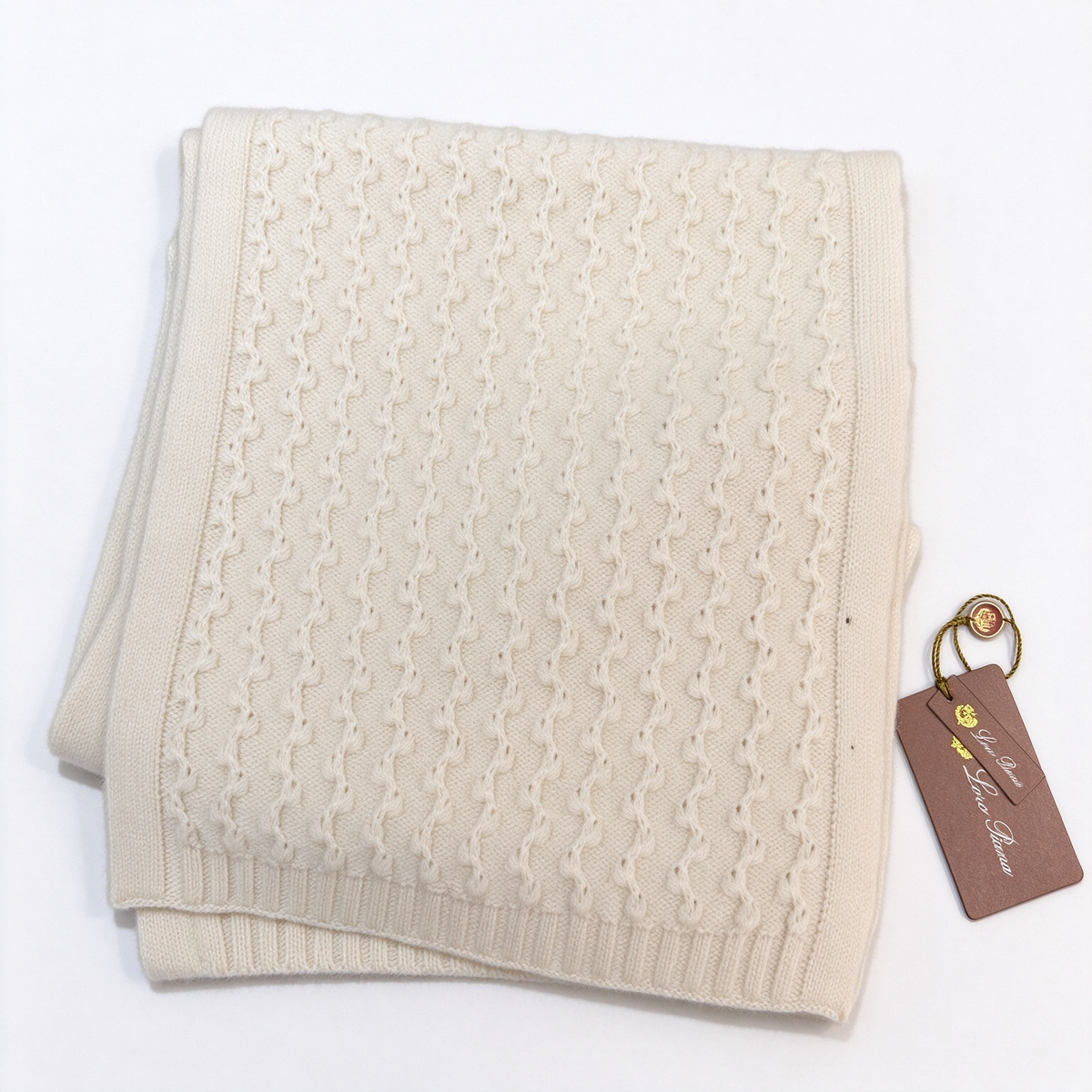 Loro Piana Cream Cable Knit Cashmere Scarf | Luxury Italian Woven Wool Wrap Shawl