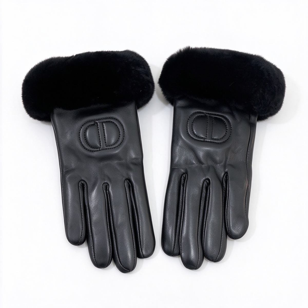 Dior Lambskin Fur Cuff Gloves | Black Sheepskin with Rabbit Fur Trim & Embroidered CD Logo