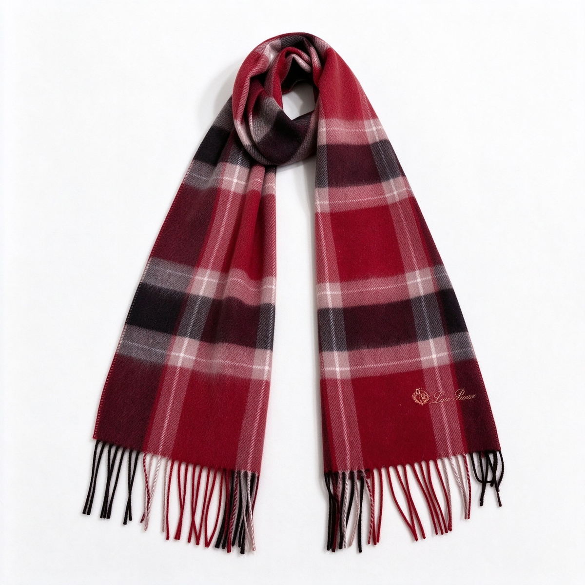 Loro Piana  Cashmere Tartan Plaid Scarf Shawl Burgundy Black Pink Grey | Luxury Embroidered Crest Fringed Wrap Women's & Men's
