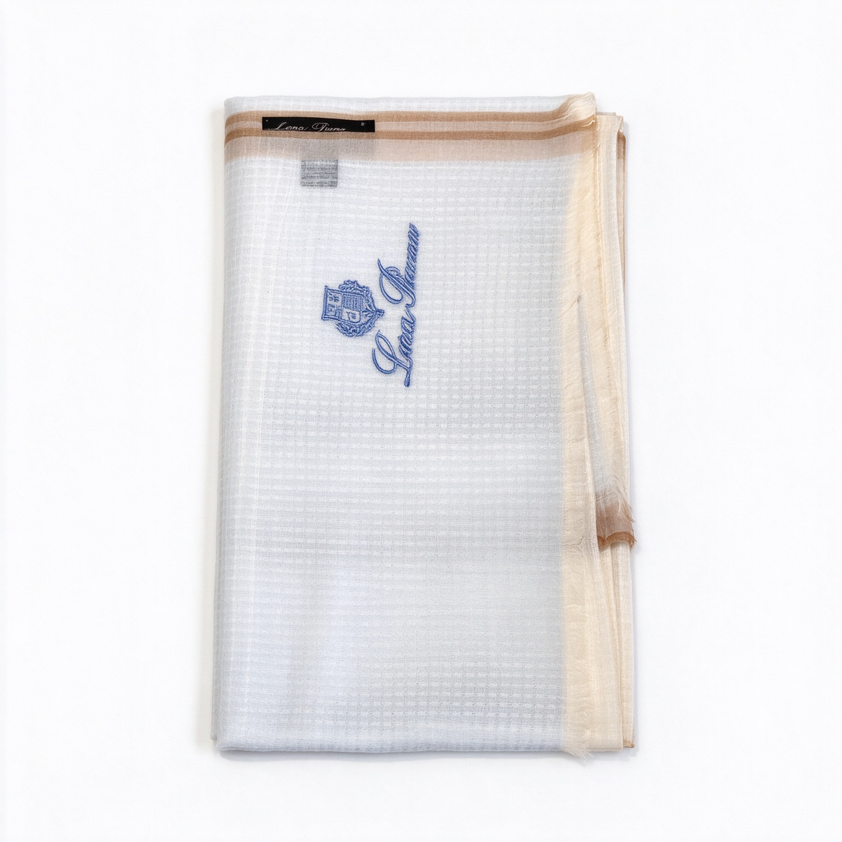 Loro Piana  Linen Large Scarf Stole | Luxury Spring Summer Wrap in Ivory with Beige Satin Trim | Blue Embroidered Crest Logo