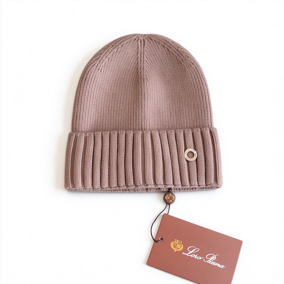 Loro Piana Cream Cashmere Ribbed Beanie Hat | Gold Ring Embellished Luxury Knit Winter Cap