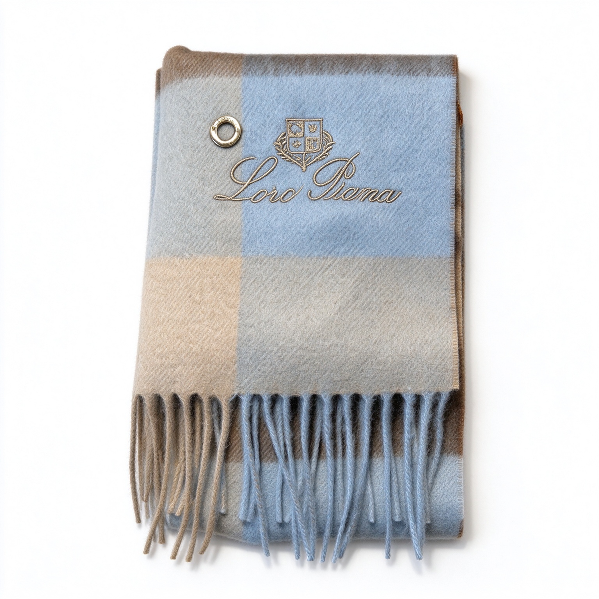 Loro Piana  Cashmere Tartan Check Scarf Shawl Sky Blue Oatmeal Taupe | Luxury Embroidered Crest Fringed Wrap Women's & Men's