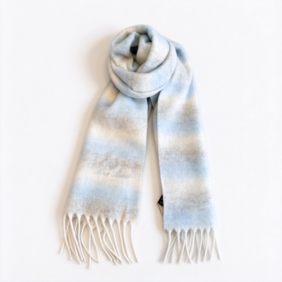 Loro Piana Ombré Baby Blue & White Cashmere Scarf | Silver-Embroidered Logo Fringe Wrap Stole