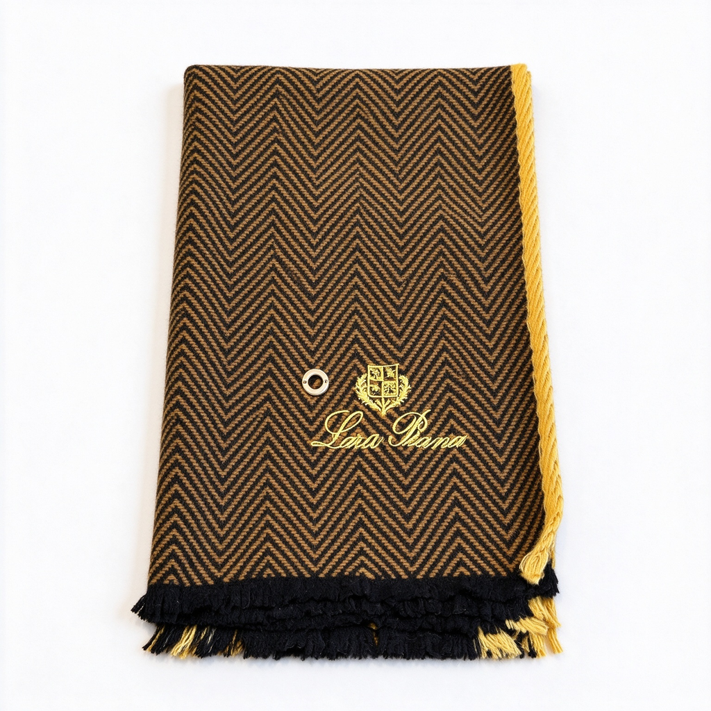 Loro Piana Camel & Black Herringbone Cashmere Scarf | Gold Crest Embroidered Reversible Wrap Stole