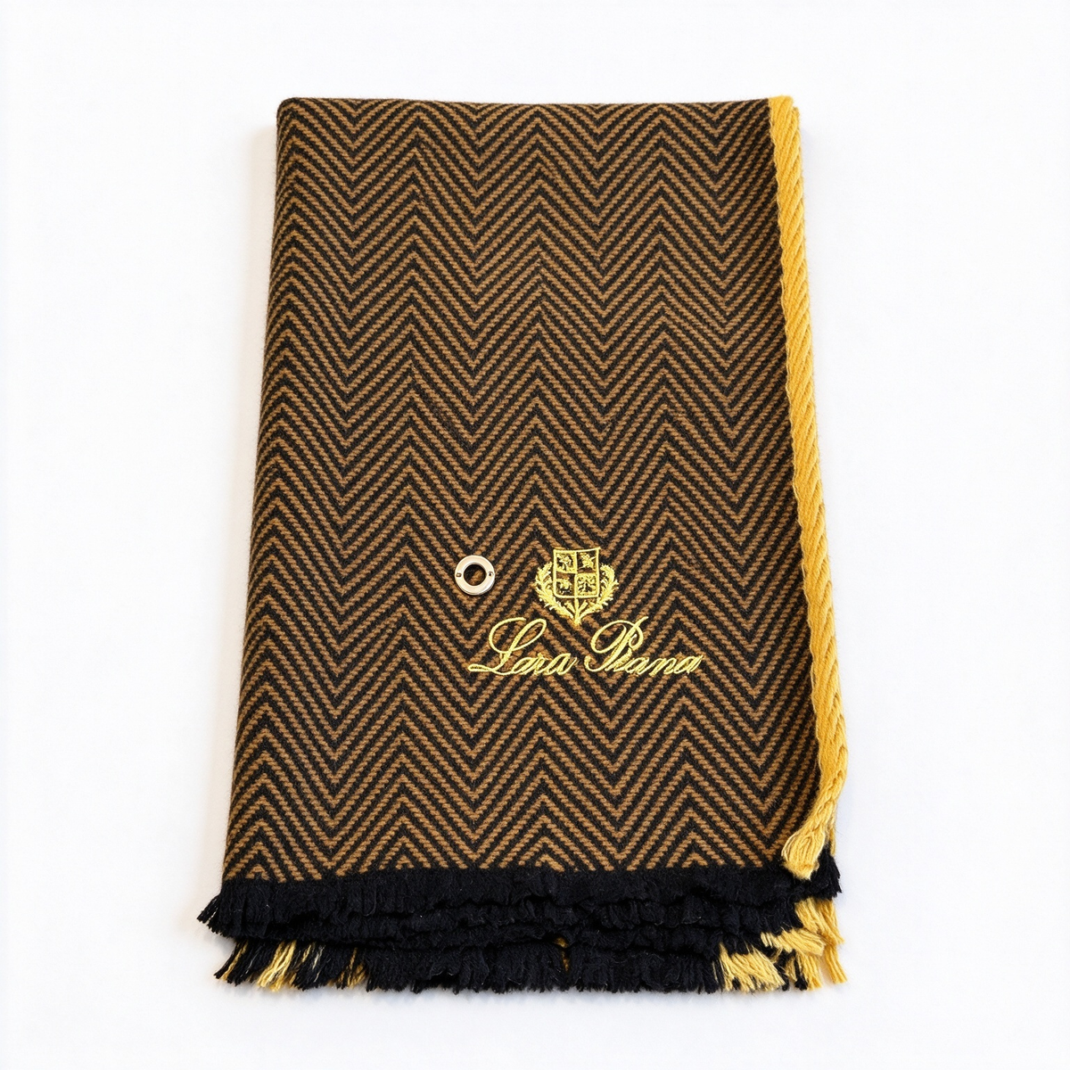 Loro Piana Camel & Black Herringbone Cashmere Scarf | Gold Crest Embroidered Reversible Wrap Stole