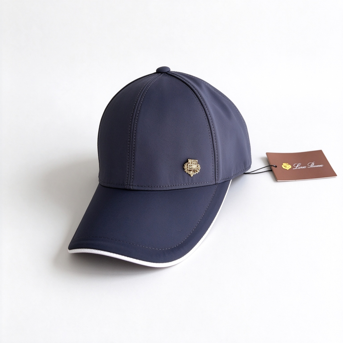 Loro Piana Storm System  Baseball Cap | Navy Blue Waterproof Wind Microfiber Hat with White Trim & Gold Crest Badge