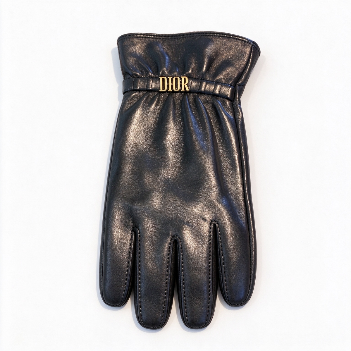 Dior Lambskin Leather Gloves | Black with Gold-Tone DIOR Letter Band & Gathered Cuff
