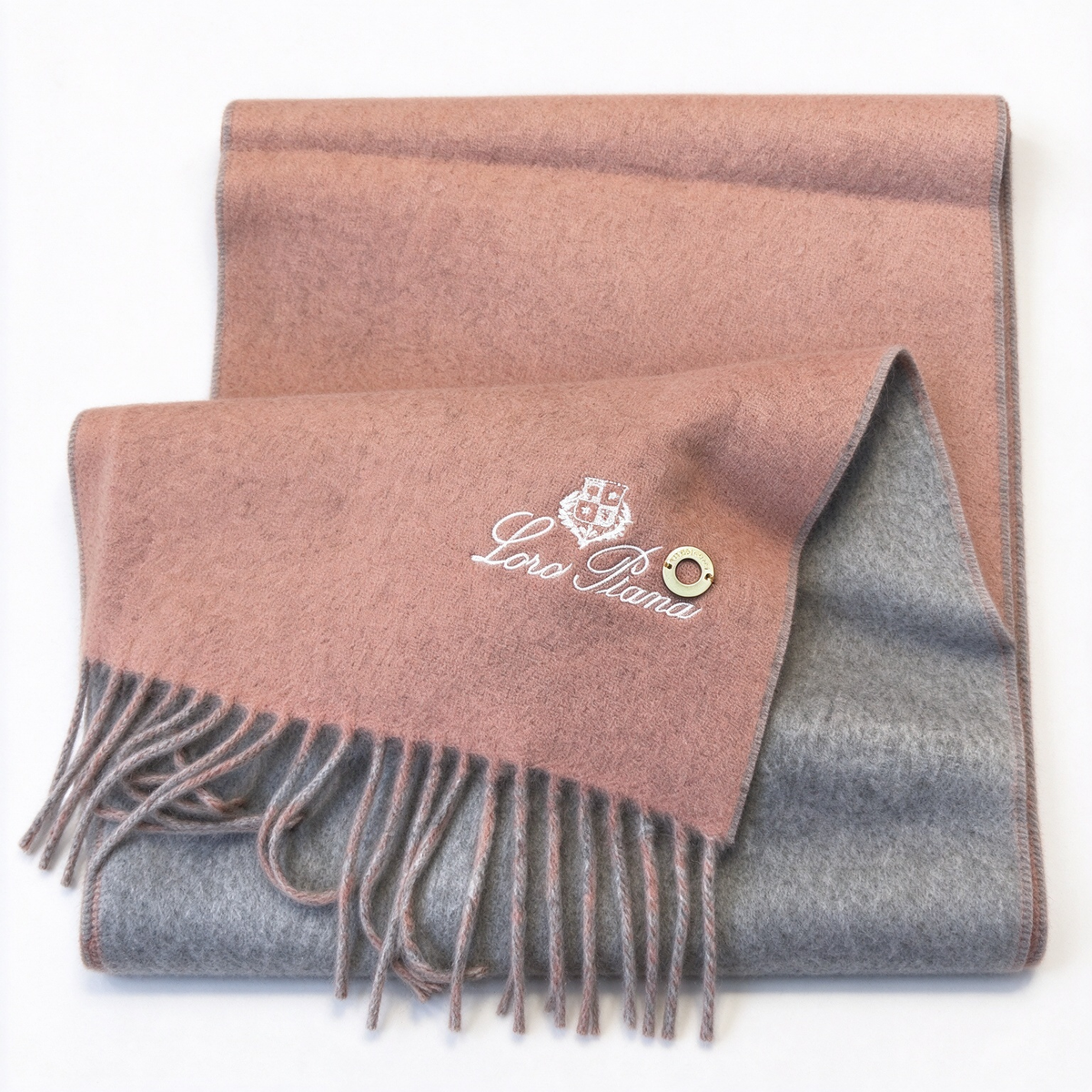 Loro Piana Gifts  Cashmere Scarf | Ombré Dusty Rose Pink & Grey Luxury Wrap with Embroidered Crest Logo & Gold Metal Ring