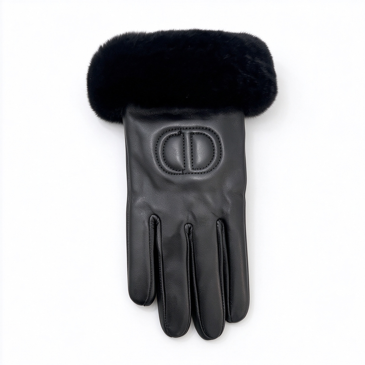 Dior Lambskin Fur Cuff Gloves | Black Sheepskin with Rabbit Fur Trim & Embroidered CD Logo