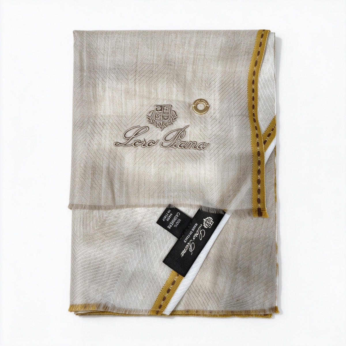 Loro Piana  Cashmere Scarf | Classic Plaid Luxury Wrap in Oatmeal & Grey with Mustard Yellow Satin Trim | Embroidered Crest & Gold Grommet