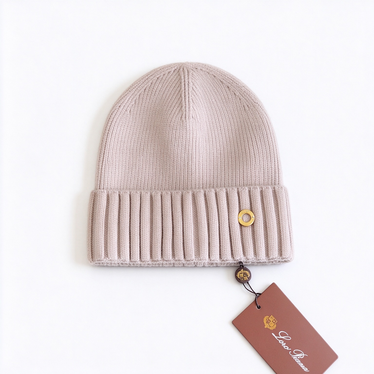 Loro Piana Taupe Cashmere Ribbed Beanie Hat | Gold Ring Embellished Luxury Knit Winter Cap