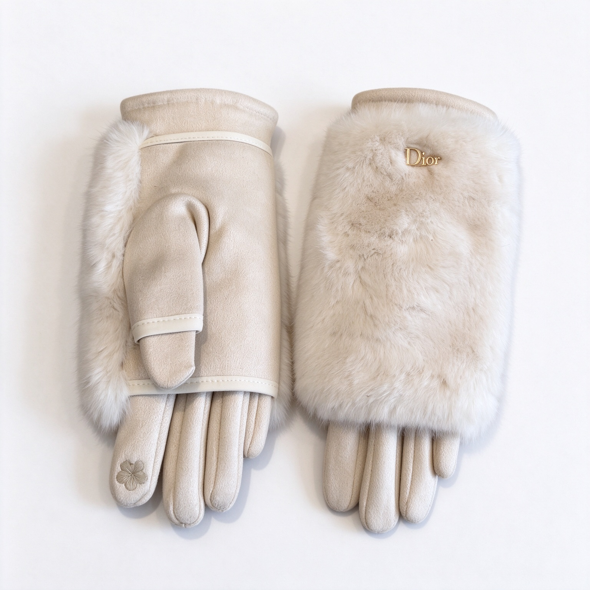 Dior Shearling Fur Gloves | Cream Beige Rabbit Fur & Suede with Gold Dior Logo