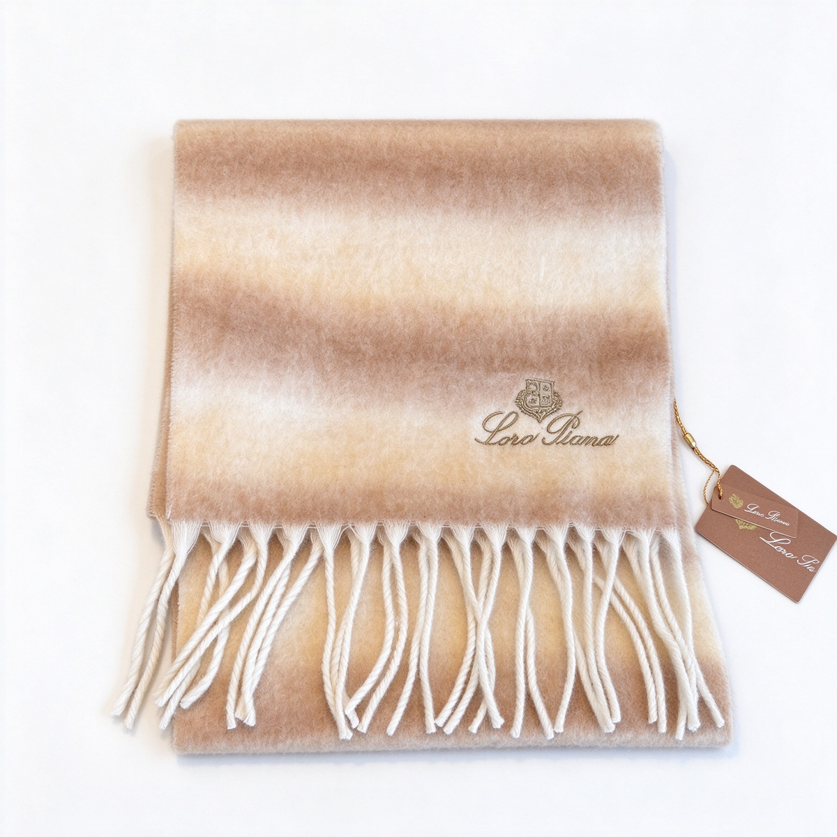 Loro Piana Ombré Stripe Cashmere Scarf | Warm Earth-Tone Gradient Wrap with Gold Crest Embroidery