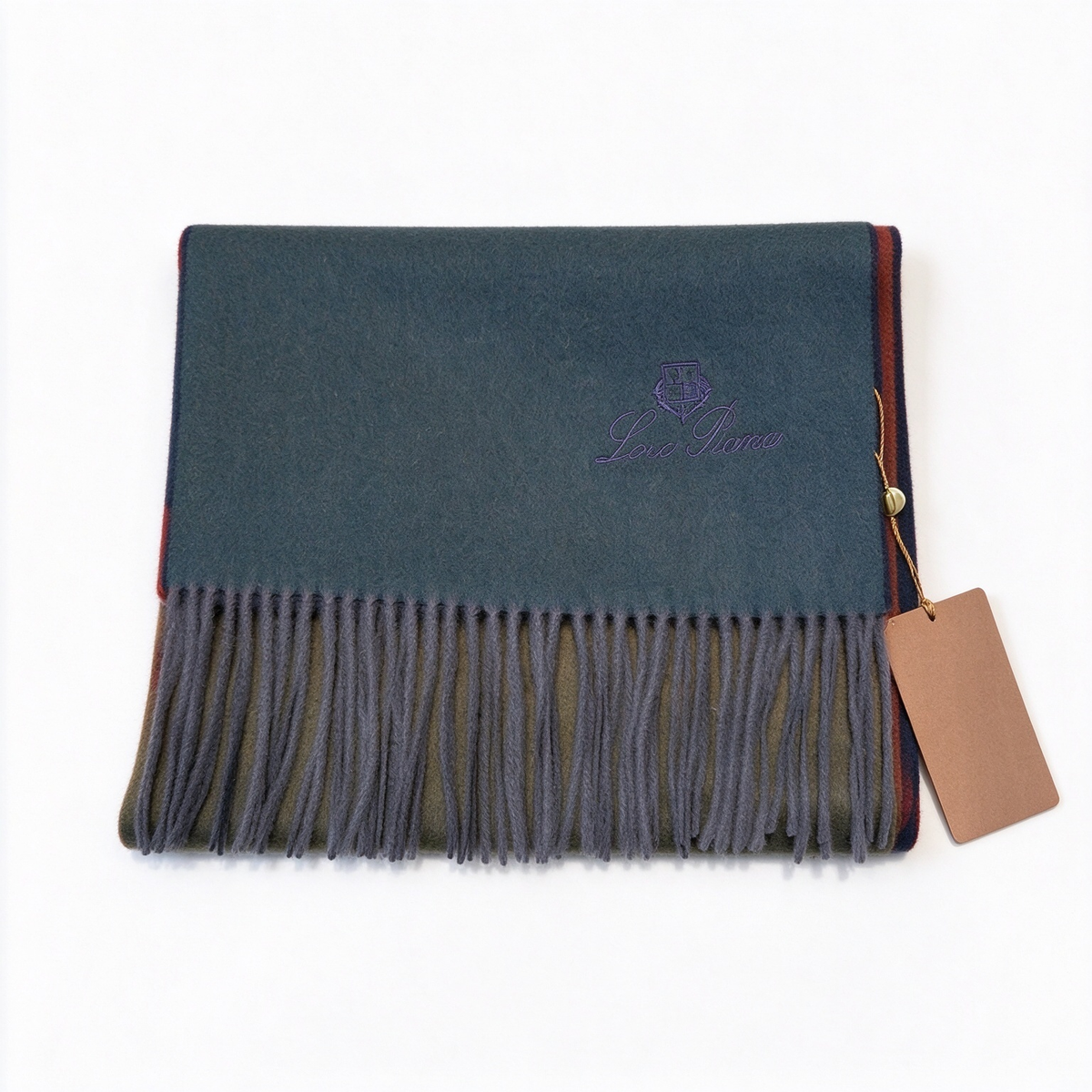 Loro Piana  Cashmere Grande Unita Scarf Slate Green Olive | Colored Edge Luxury Fringed Wrap Women's & Men's Fine Accessories