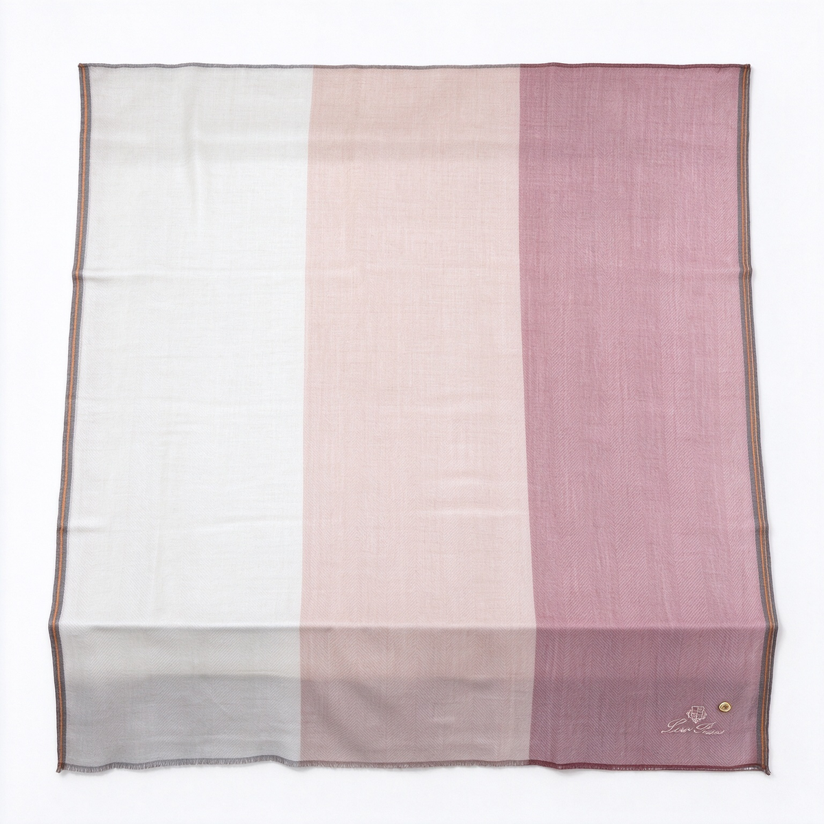 Loro Piana  Cashmere Herringbone Scarf | Dusty Rose Pink Luxury Wrap with Brown & Orange Contrast Trim | Embroidered Crest & Gold Grommet