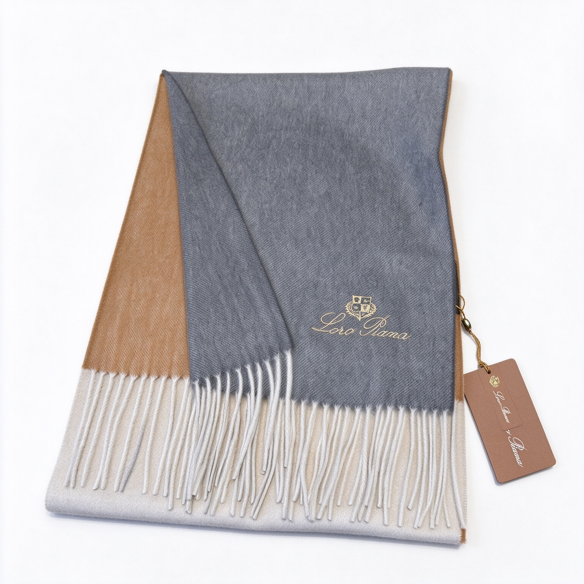 Loro Piana Cashmere Grande Unita Reversible Scarf Steel Grey Camel | Gold Embroidered Crest Ivory Fringe Luxury Wrap Women's & Men's