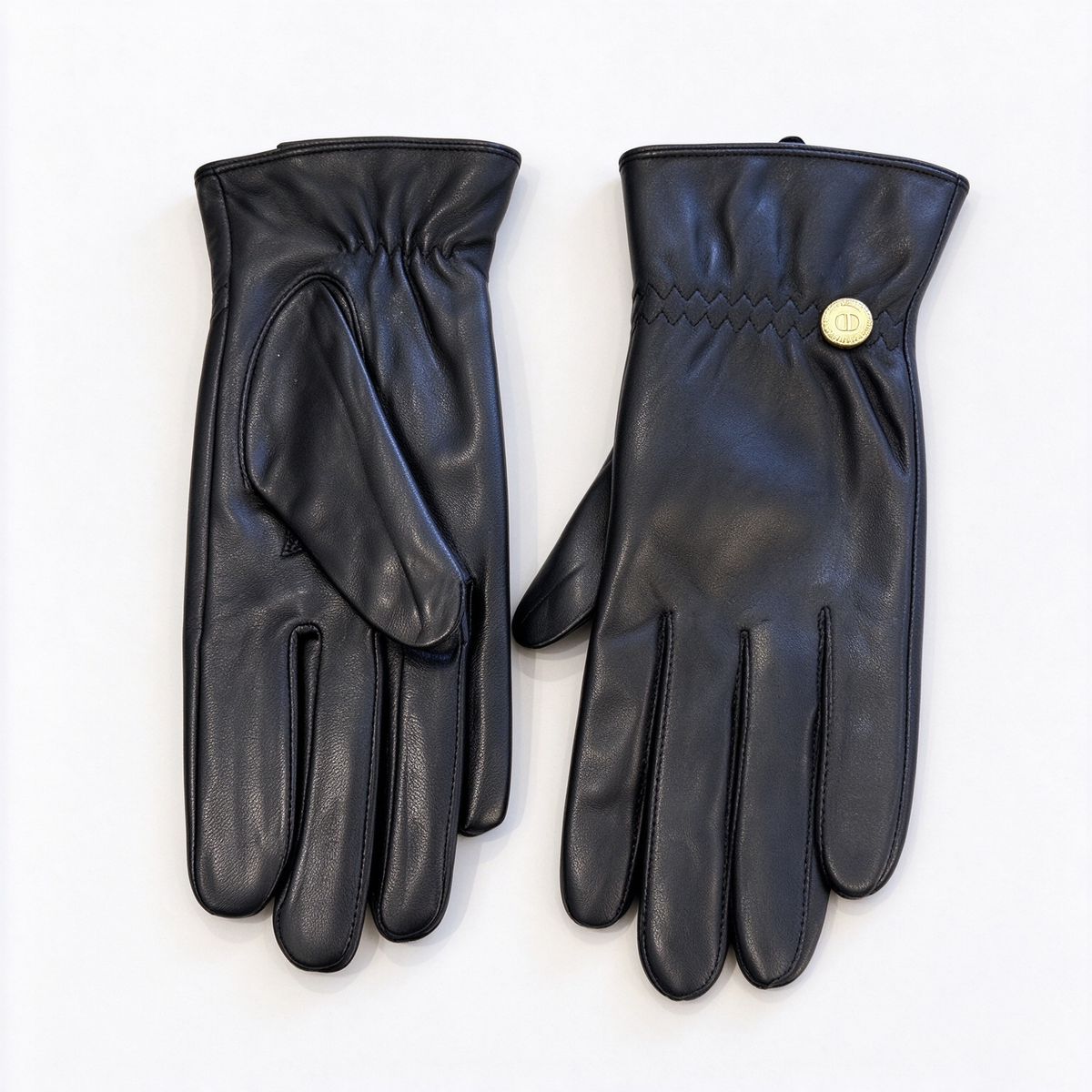 Dior Lambskin Leather Gloves | Black with Gold-Tone Circular CD Button & Smocked Wrist Detail