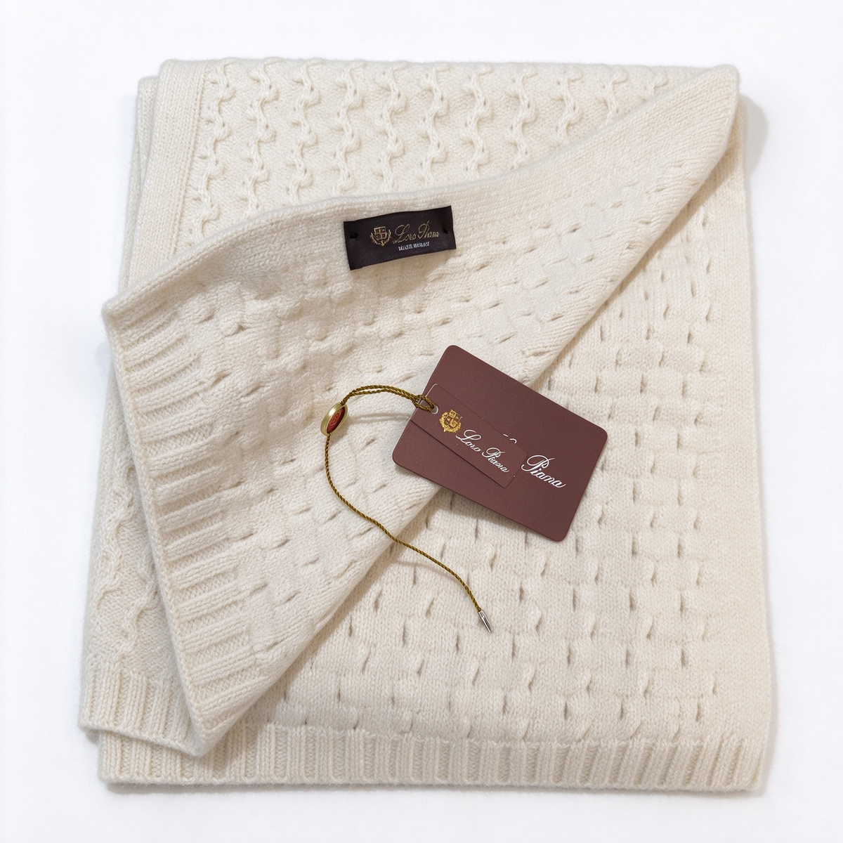 Loro Piana Cream Cable Knit Cashmere Scarf | Luxury Italian Woven Wool Wrap Shawl