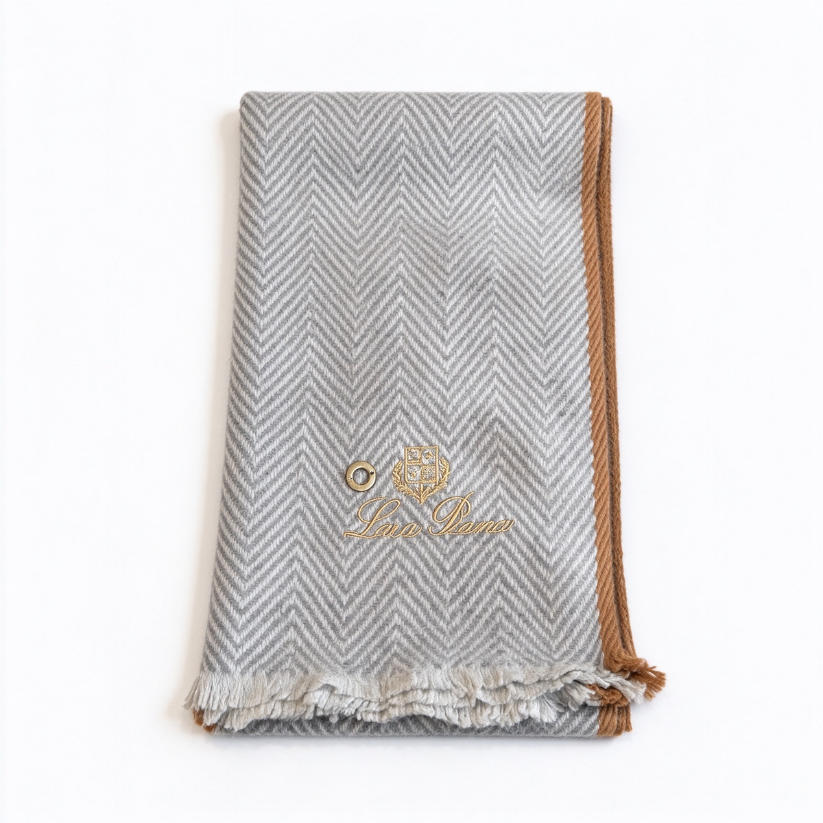 Loro Piana Grey & Camel Herringbone Cashmere Scarf | Signature Gold-Embroidered Logo Wrap Stole