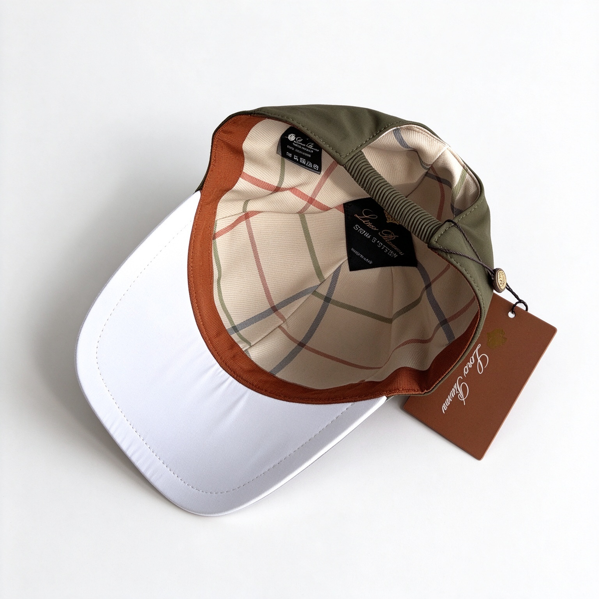 Loro Piana Storm System  Baseball Cap | Khaki Green Waterproof Wind Microfiber Hat with White Trim & Gold Crest Badge
