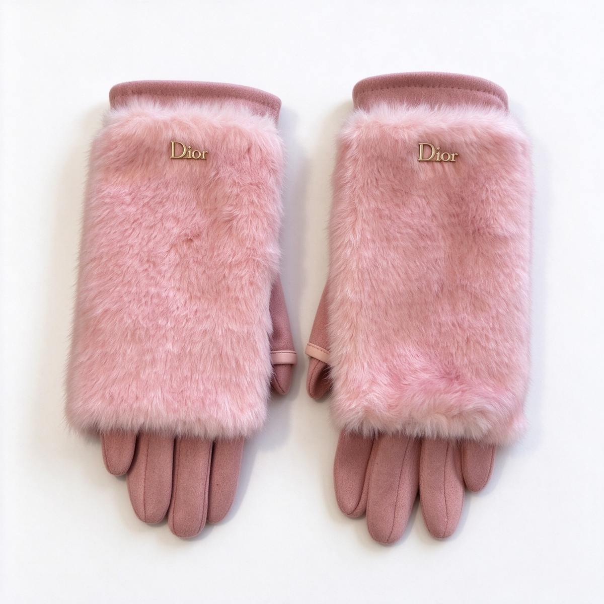 Dior Shearling Fur Gloves | Millennial Pink Rabbit Fur & Suede with Gold Dior Logo