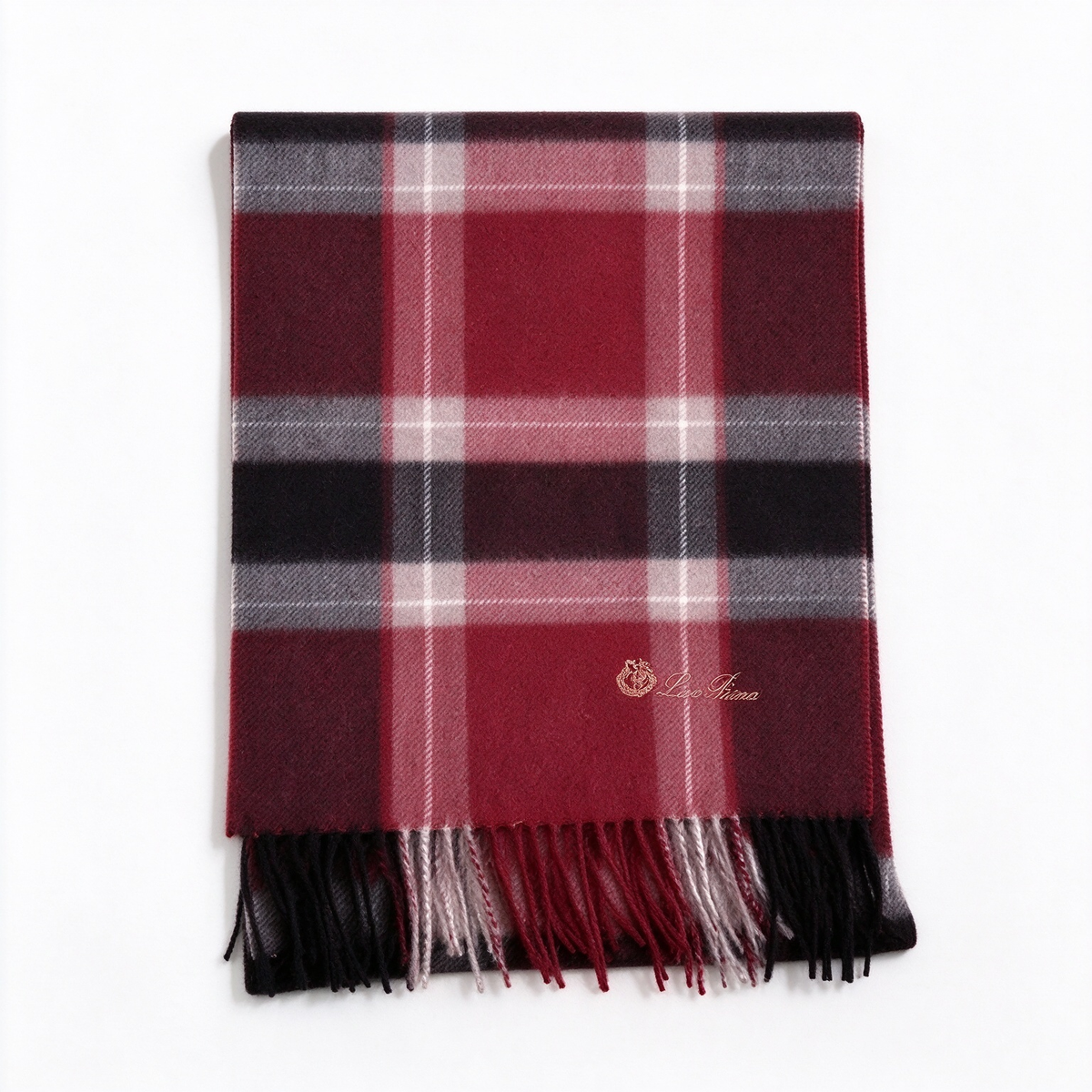 Loro Piana  Cashmere Tartan Plaid Scarf Shawl Burgundy Black Pink Grey | Luxury Embroidered Crest Fringed Wrap Women's & Men's