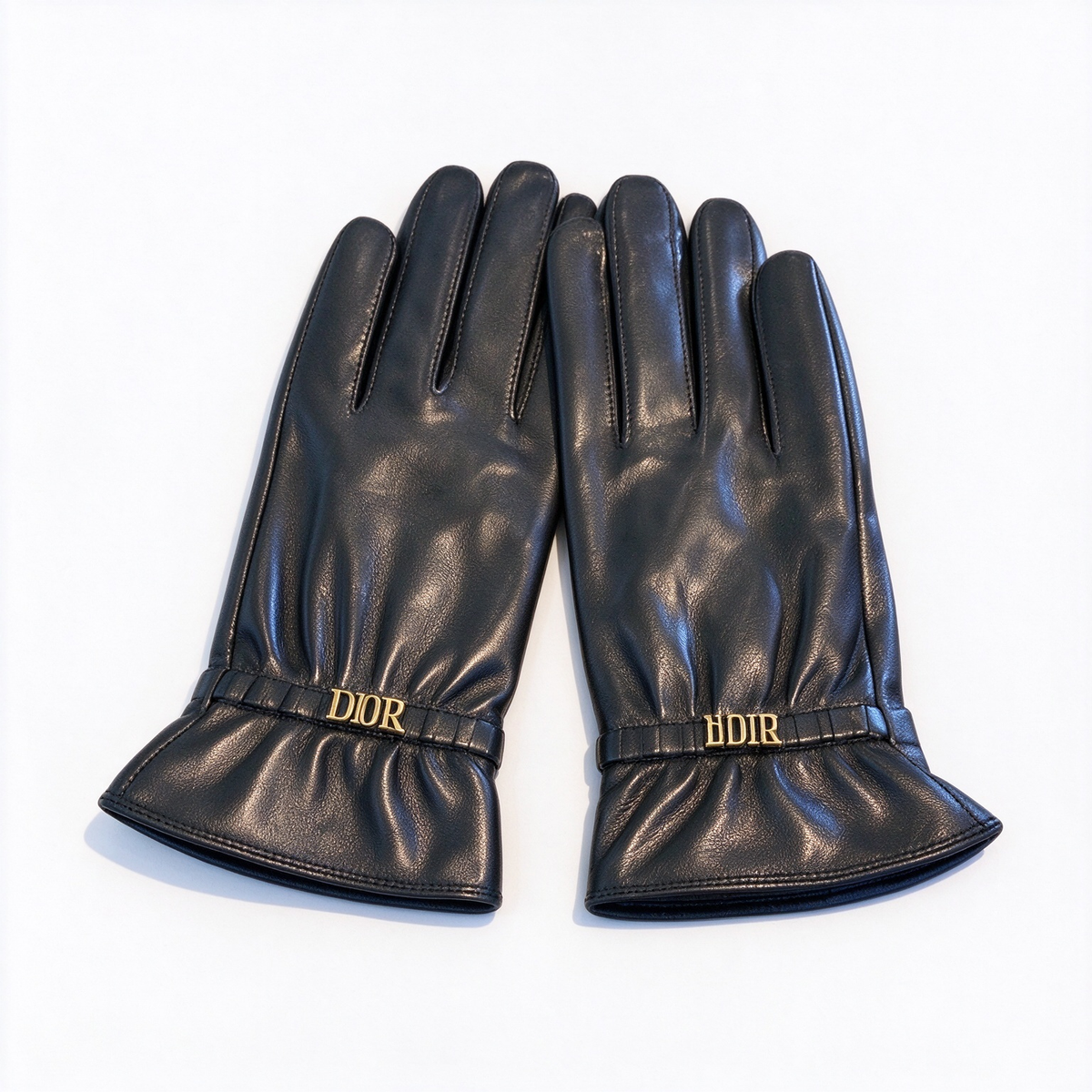 Dior Lambskin Leather Gloves | Black with Gold-Tone DIOR Letter Band & Gathered Cuff