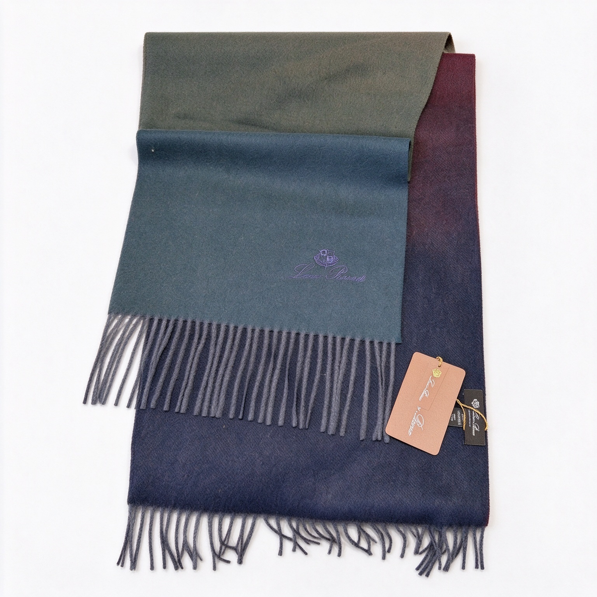 Loro Piana  Cashmere Grande Unita Scarf Slate Green Olive | Colored Edge Luxury Fringed Wrap Women's & Men's Fine Accessories