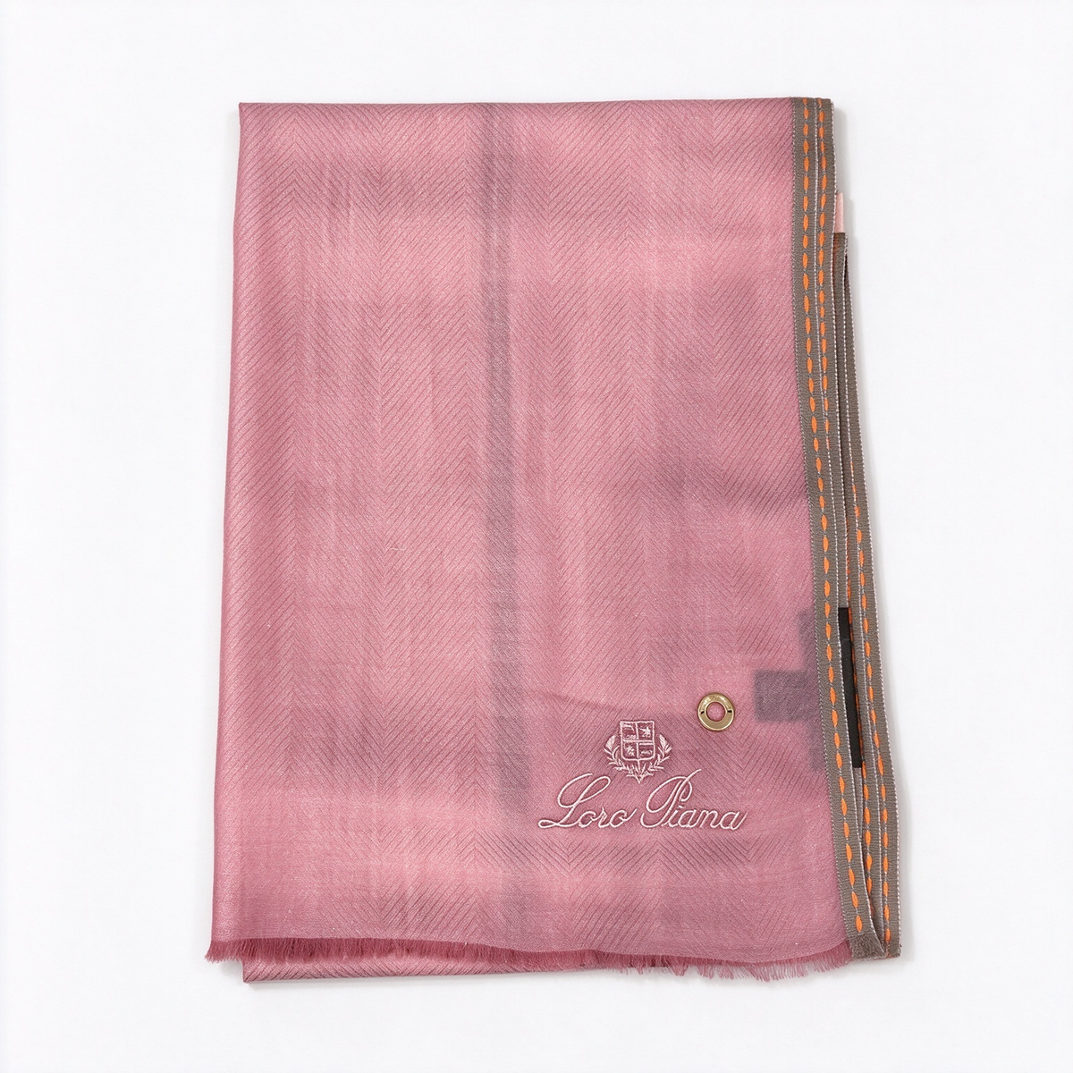 Loro Piana  Cashmere Herringbone Scarf | Dusty Rose Pink Luxury Wrap with Brown & Orange Contrast Trim | Embroidered Crest & Gold Grommet