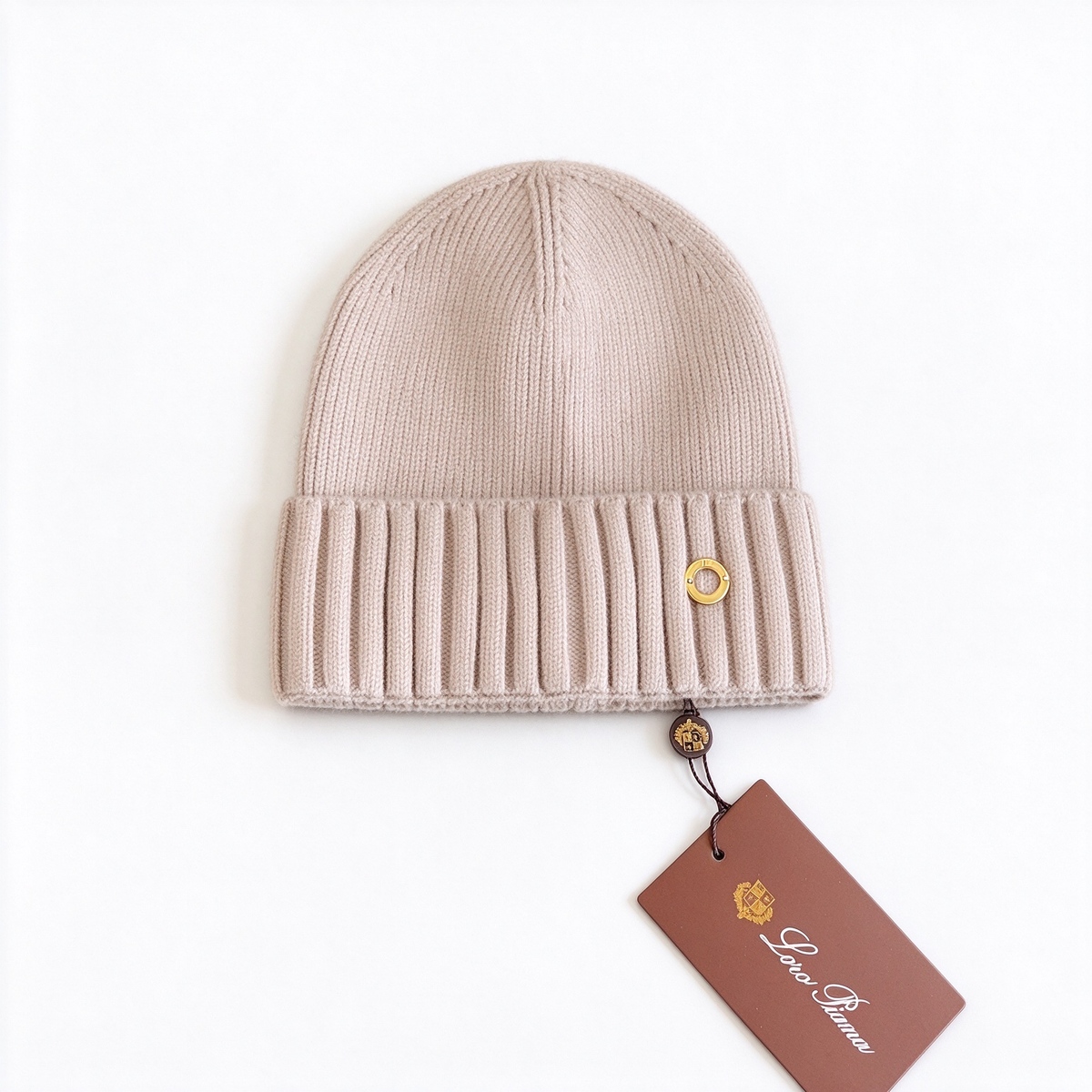 Loro Piana Cream Cashmere Ribbed Beanie Hat | Gold Ring Embellished Luxury Knit Winter Cap