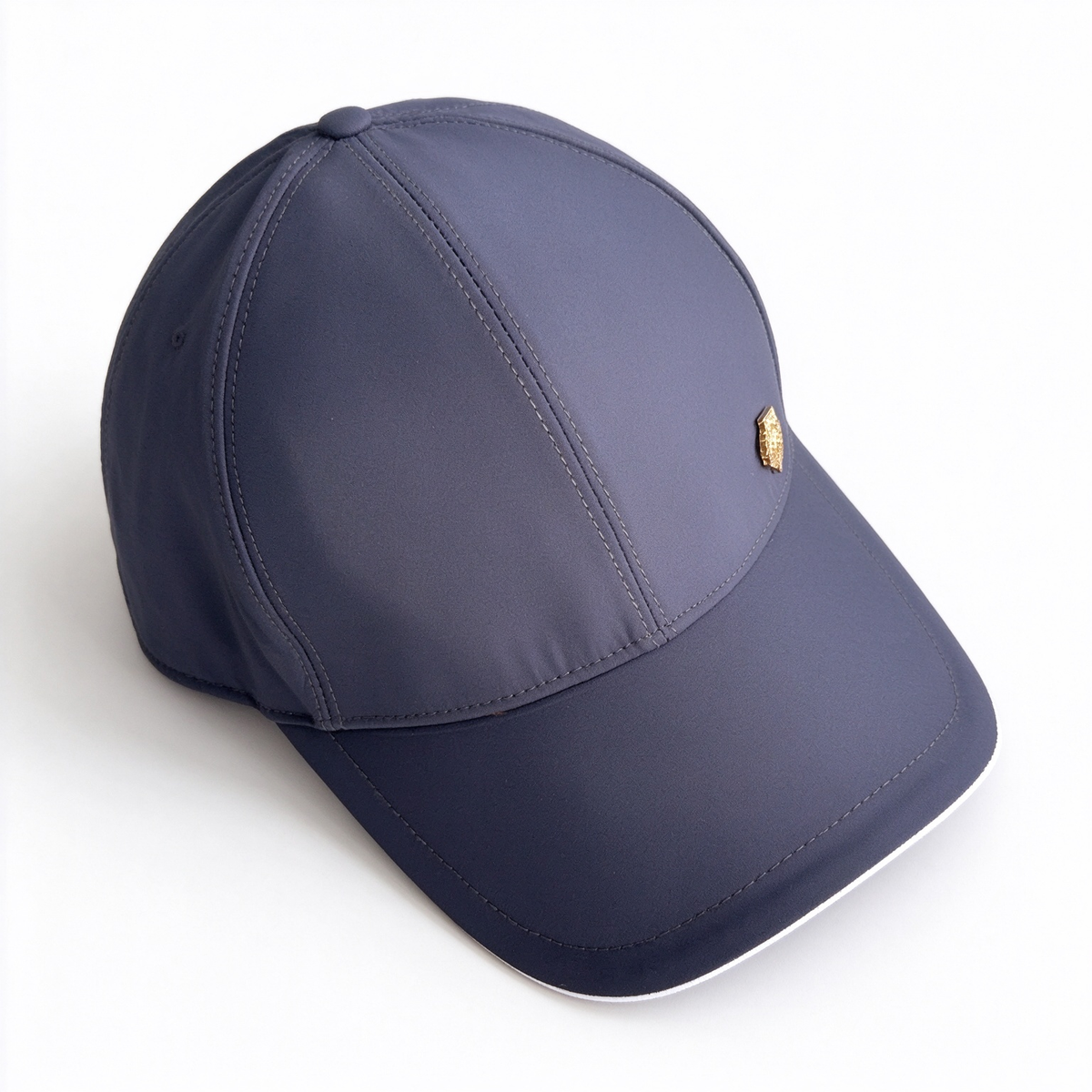 Loro Piana Storm System  Baseball Cap | Navy Blue Waterproof Wind Microfiber Hat with White Trim & Gold Crest Badge