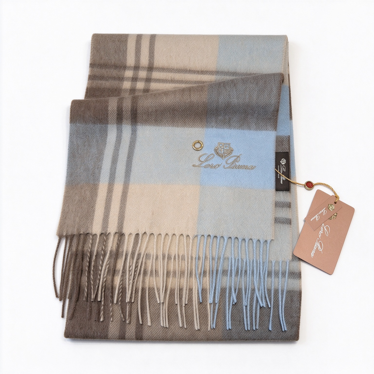 Loro Piana  Cashmere Tartan Check Scarf Shawl Sky Blue Oatmeal Taupe | Luxury Embroidered Crest Fringed Wrap Women's & Men's