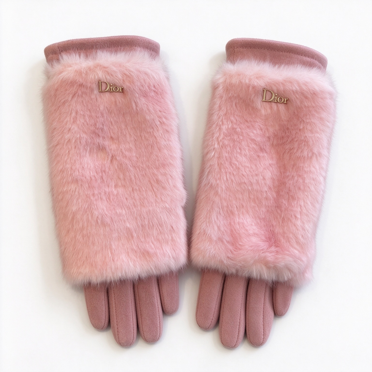 Dior Shearling Fur Gloves | Millennial Pink Rabbit Fur & Suede with Gold Dior Logo