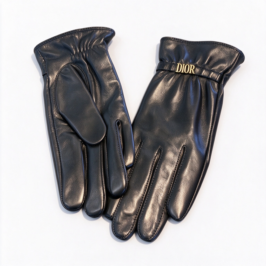 Dior Lambskin Leather Gloves | Black with Gold-Tone DIOR Letter Band & Gathered Cuff