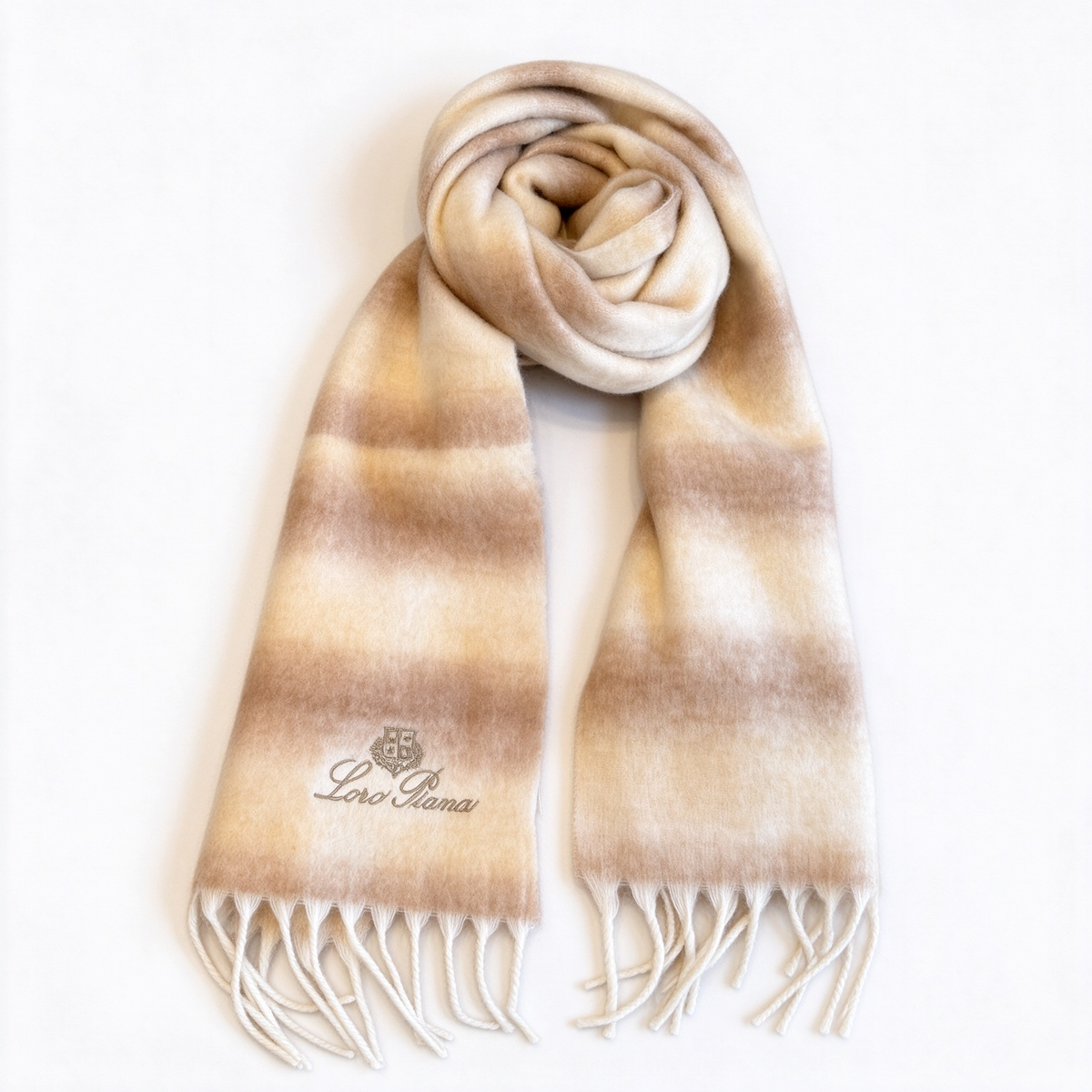 Loro Piana Ombré Stripe Cashmere Scarf | Warm Earth-Tone Gradient Wrap with Gold Crest Embroidery