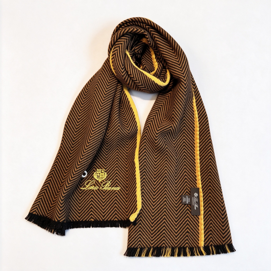 Loro Piana Camel & Black Herringbone Cashmere Scarf | Gold Crest Embroidered Reversible Wrap Stole