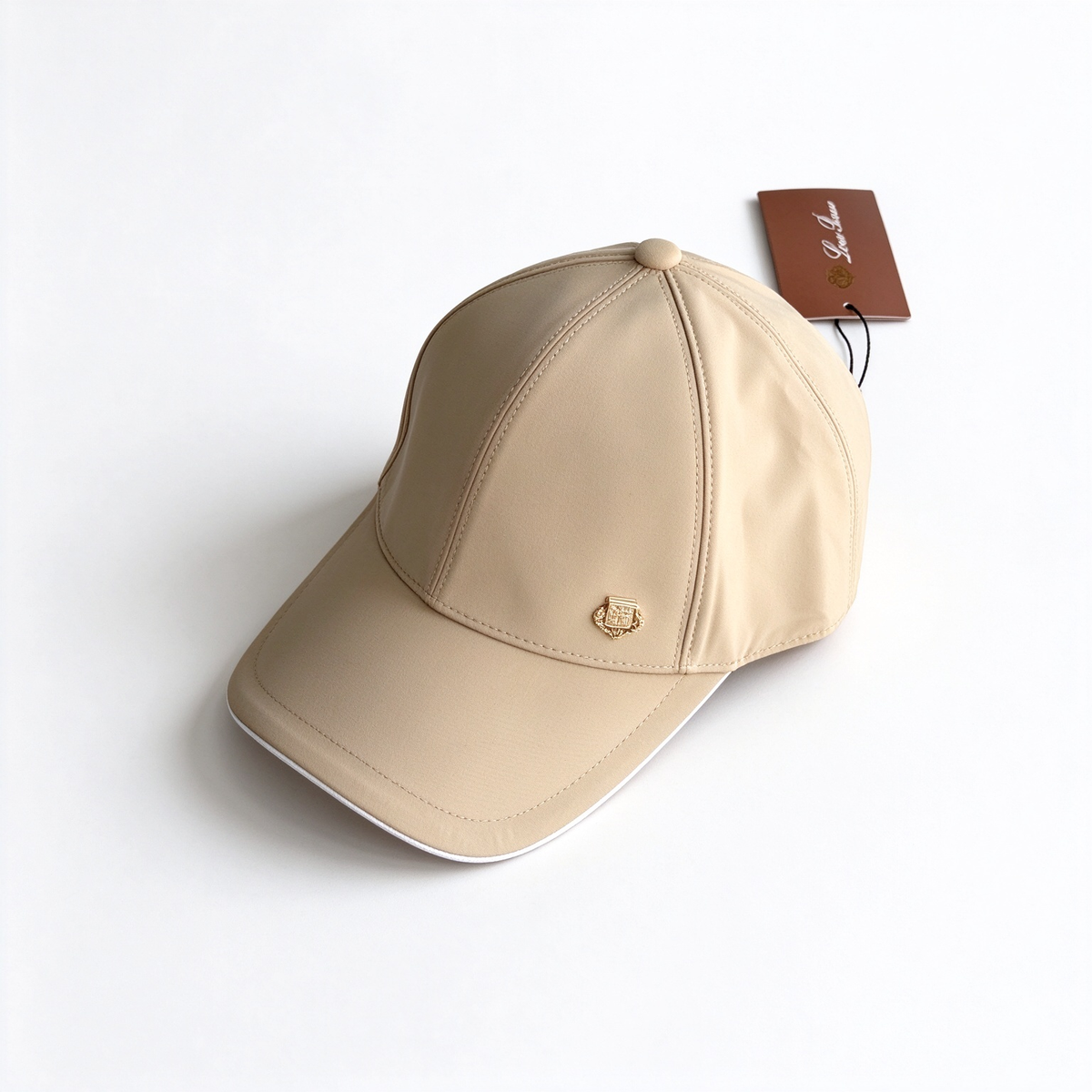 Loro Piana Storm System  Baseball Cap | Sand/Beige Wind Microfiber Waterproof Hat with Ivory Trim & Gold Crest Badge