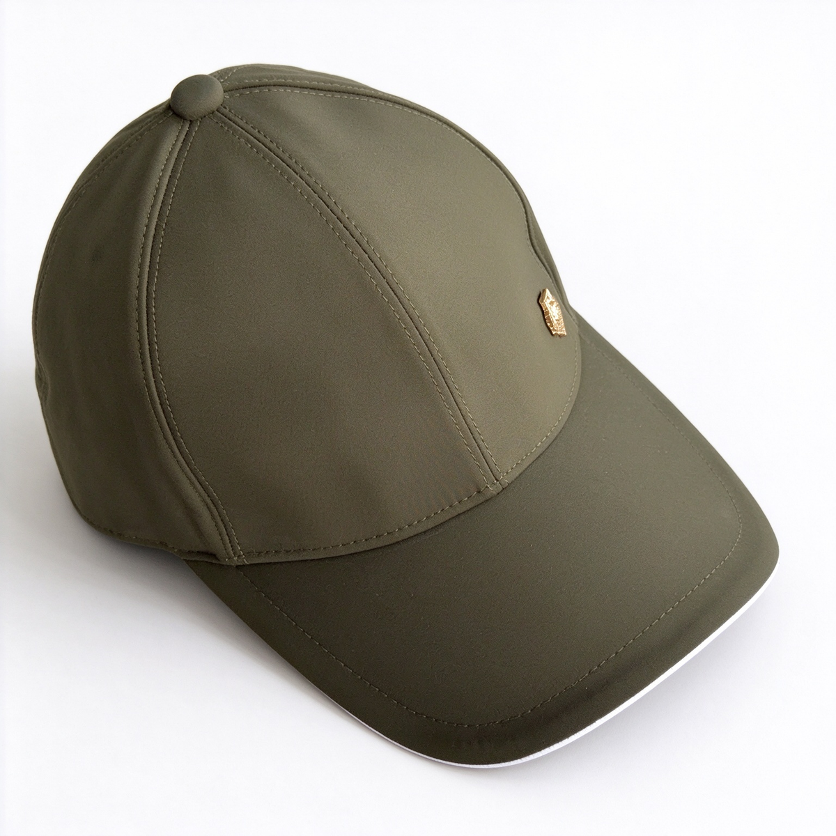 Loro Piana Storm System  Baseball Cap | Khaki Green Waterproof Wind Microfiber Hat with White Trim & Gold Crest Badge