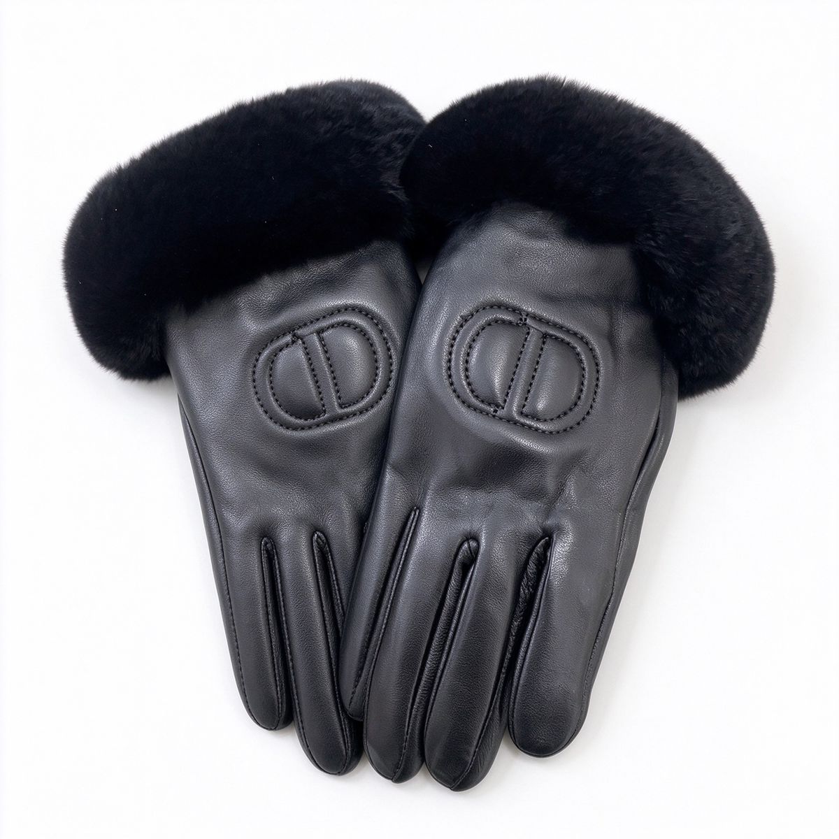 Dior Lambskin Fur Cuff Gloves | Black Sheepskin with Rabbit Fur Trim & Embroidered CD Logo