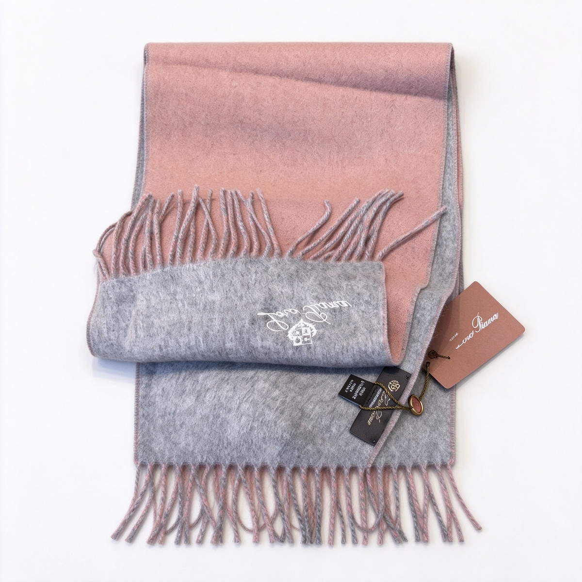 Loro Piana Gifts  Cashmere Scarf | Ombré Dusty Rose Pink & Grey Luxury Wrap with Embroidered Crest Logo & Gold Metal Ring